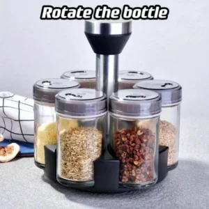 MASKER 360° Rotating Spice Rack Organizer with 6 Glass Jars - Airtight Lids for Freshness, Adjustable Pouring Holes, and Sleek Design - Perfect for Herbs, Spices, and Seasonings