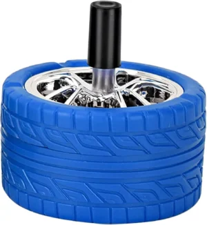 Truck Wheel Ashtray Holder Cup with Lid – Rotatable and Easy to Clean, Spinning Ashtray Push Down Alloy tire Ashtray Round for Home,Office,Car,Gifts (Multi-Color) (Blue-silver)